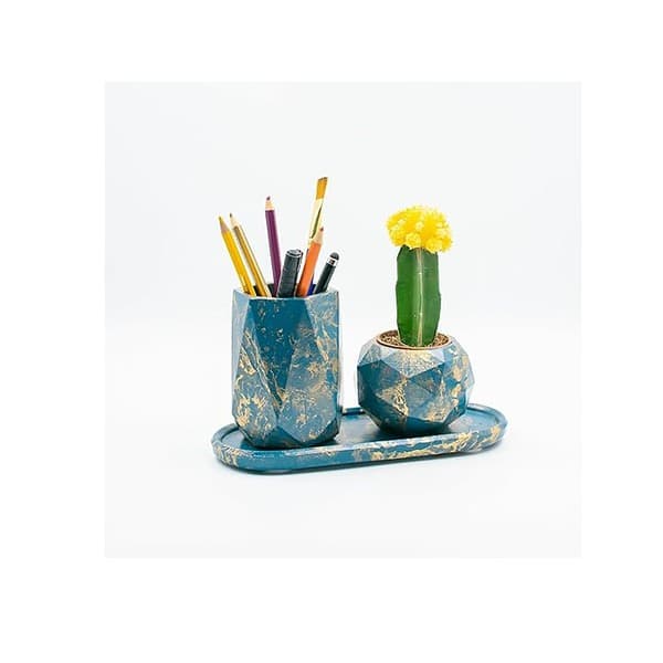 Dwell dapper Hexagonal Pencil and Pen Holder Cyan with Golden and Teal set of 3 - LXINDIA.COM