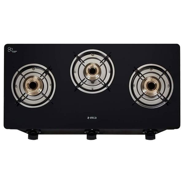 Elica Vetro Glass Top 3 Burner Gas Stove 7031 CT VETRO Black - LXINDIA.COM