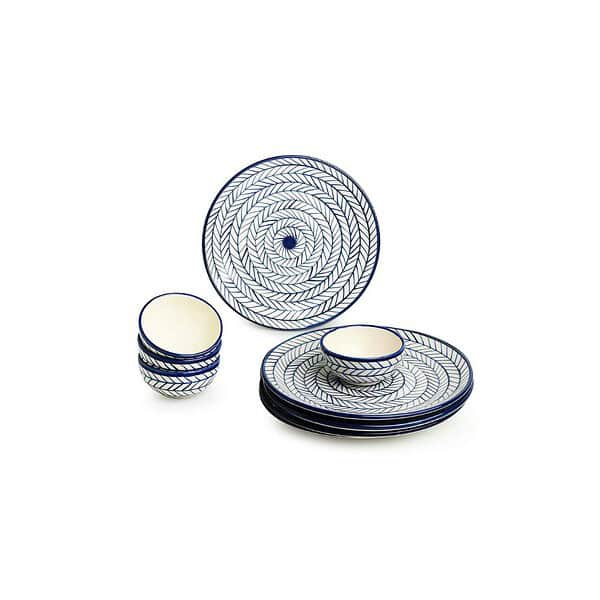 ExclusiveLane Indigo Chevron Handpainted Ceramic Dinner Set a - LXINDIA.COM