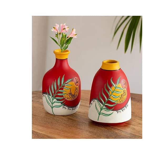 ExclusiveLane Leafy Warli Tales Terracotta Decorative Vases for Home Decor - LXINDIA.COM