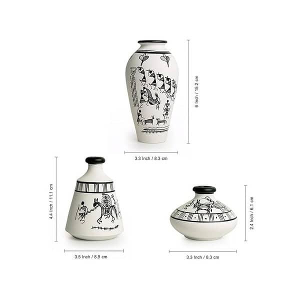 ExclusiveLane Terracotta Vases for Home Decor Set of 3 White A - LXINDIA.COM