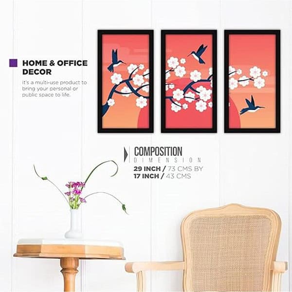 FATMUG Synthetic Sunrise Framed Wall Paintings with Glass Multicolour Floral Set of 3 3 - LXINDIA.COM