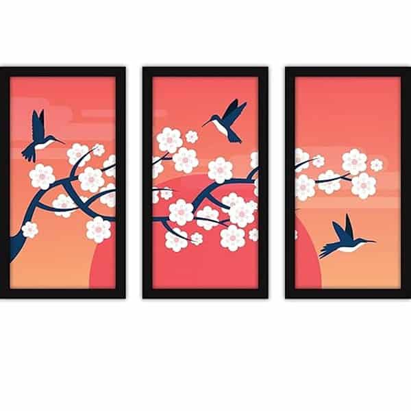 FATMUG Synthetic Sunrise Framed Wall Paintings with Glass Multicolour Floral Set of 3 - LXINDIA.COM