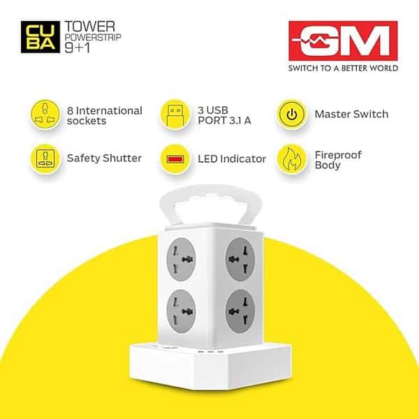 GM 3280 Cuba Power Strip with 2 USB Master Switch 8 International Socket 3 - LXINDIA.COM