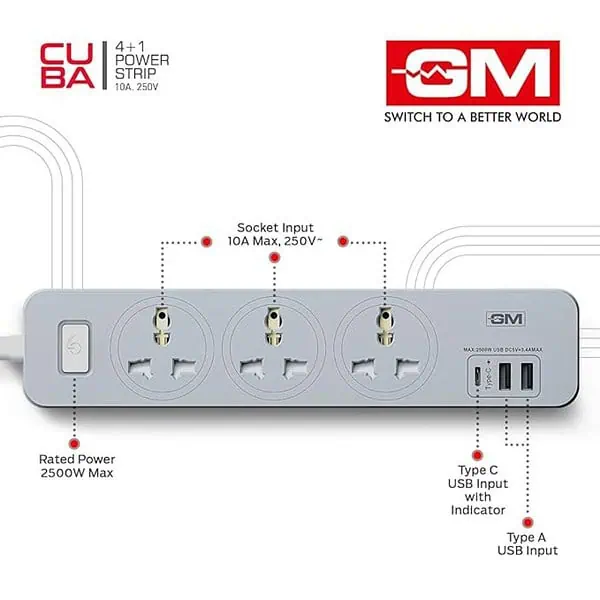 GM Cuba 3341 Power Strip with USB Type C I Extension Cord with Surge Protection 1 - LXINDIA.COM