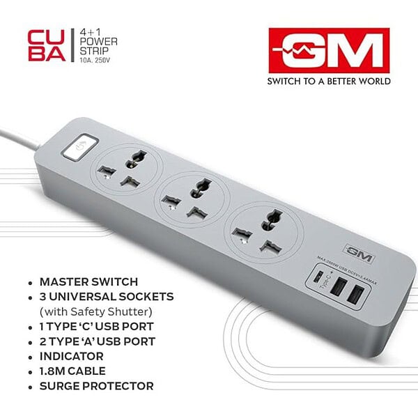 GM Cuba 3341 Power Strip with USB Type C I Extension Cord with Surge Protection 2 - LXINDIA.COM