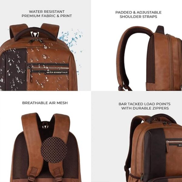 Gear Vintage 28L anti theft faux leather Medium Water Resistant Laptop Backpack Tan Brown 3 - LXINDIA.COM