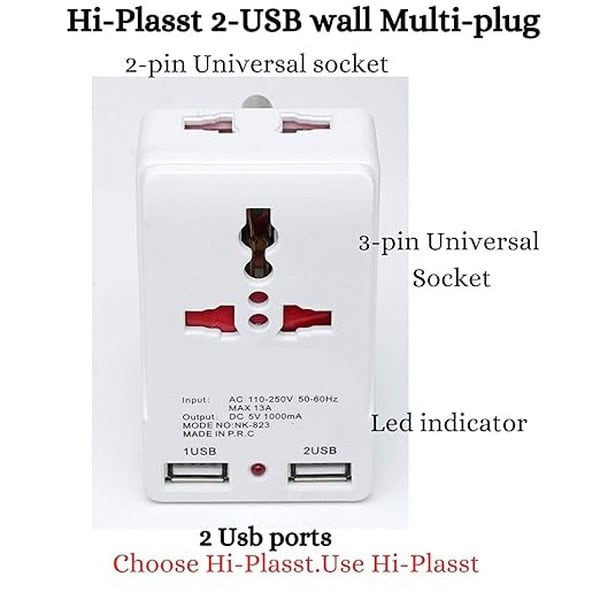 HI PLASST 3 Pin Multiplug Socket adaptor with USB Charger White 2 - LXINDIA.COM