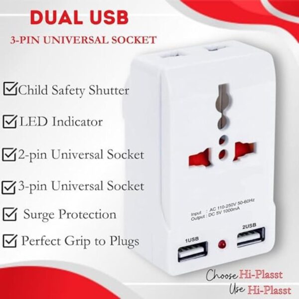 HI PLASST 3 Pin Multiplug Socket adaptor with USB Charger White 3 - LXINDIA.COM