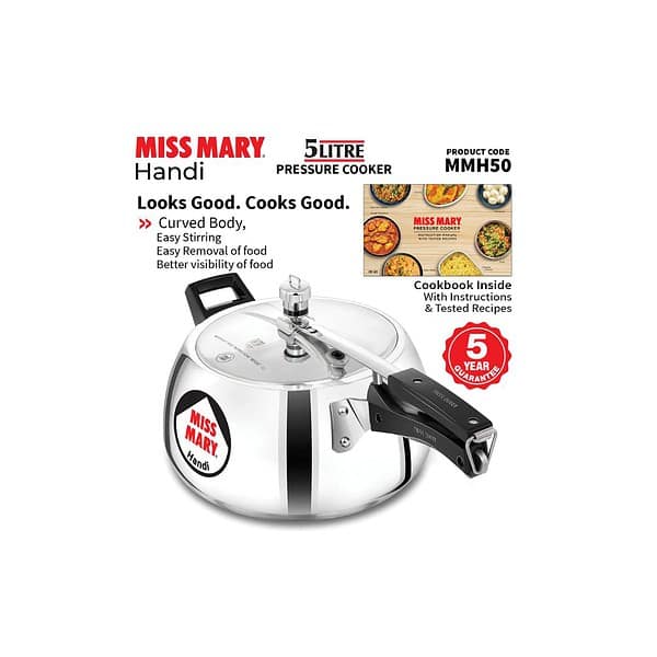 Hawkins 5 Litre Miss Mary Handi Pressure Cooker Silver MMH50B - LXINDIA.COM