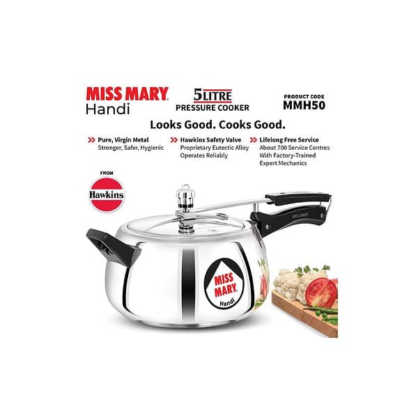 Hawkins 5 Litre Miss Mary Handi Pressure Cooker Silver MMH50C - LXINDIA.COM