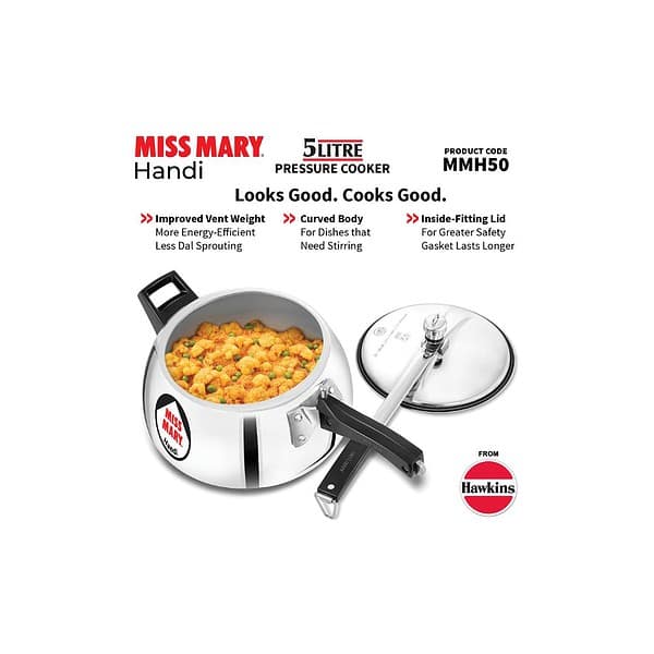 Hawkins 5 Litre Miss Mary Handi Pressure Cooker Silver MMH50D - LXINDIA.COM