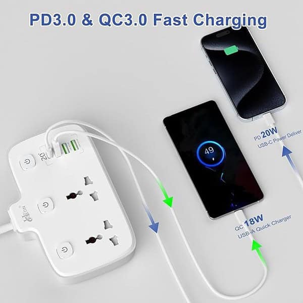 Hoteon Extension Board Individual Switch Power Strip with 20W Fast PD Type C 2500W Extension 1 - LXINDIA.COM