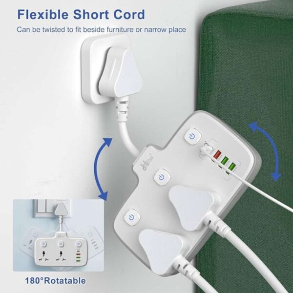 Hoteon Extension Board Individual Switch Power Strip with 20W Fast PD Type C 2500W Extension 2 - LXINDIA.COM