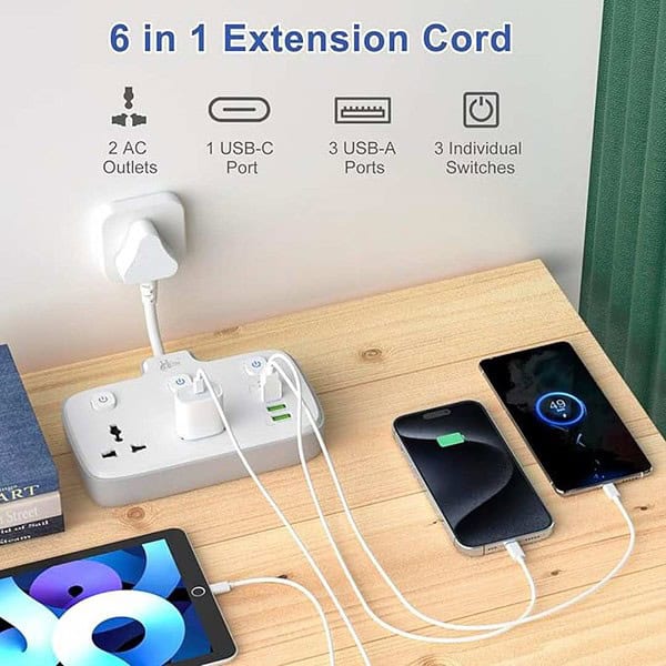 Hoteon Extension Board Individual Switch Power Strip with 20W Fast PD Type C 2500W Extension 3 - LXINDIA.COM