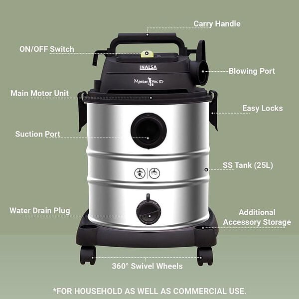 INALSA Vacuum Cleaner Wet and Dry Heavy Duty 1700 W 25 Ltr Capacity4 - LXINDIA.COM