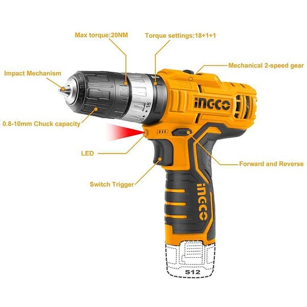 INGCO Cordless Impact Drill with 2 PCS Battery and Charger2 - LXINDIA.COM