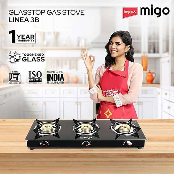 Impex 3 Burner Gas Stove 6 Mm Toughened Glass Gas Stove Black 1 - LXINDIA.COM