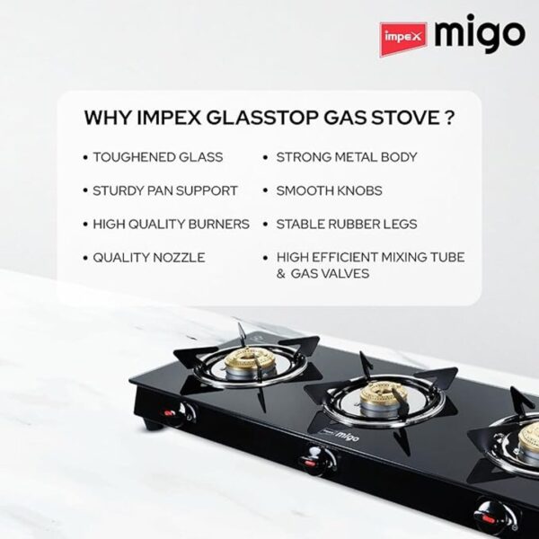 Impex 3 Burner Gas Stove 6 Mm Toughened Glass Gas Stove Black 2 - LXINDIA.COM