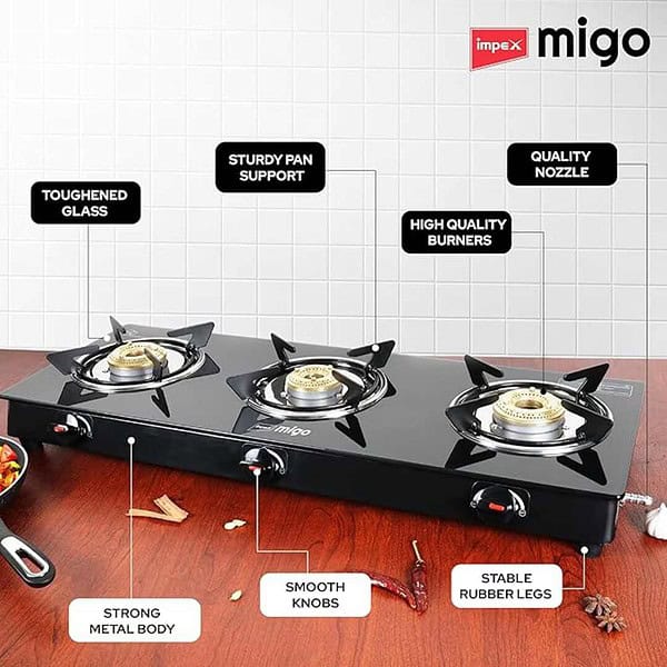 Impex 3 Burner Gas Stove 6 Mm Toughened Glass Gas Stove Black 3 - LXINDIA.COM