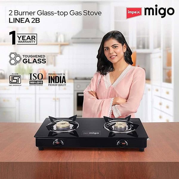 Impex Migo 2 Burner Gas Stove 6 mm Toughened Glass Top LINEA 2B 2 - LXINDIA.COM