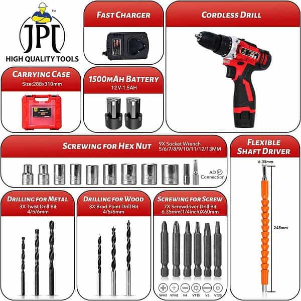 JPT 12V Pro Series Cordless Drill Machine Set1 - LXINDIA.COM