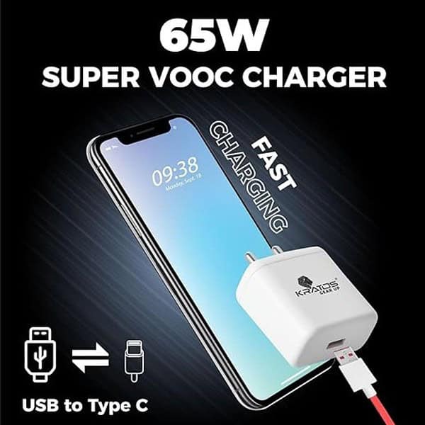 Kratos UPTO 65W Fast Charger with USB A to Type C Cable Combo2 - LXINDIA.COM