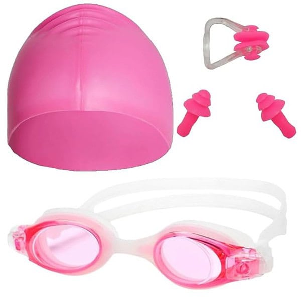 LEBAMI Swimming Kit Goggles Swim Cap Nose Clip Ear Plugs Pink - LXINDIA.COM