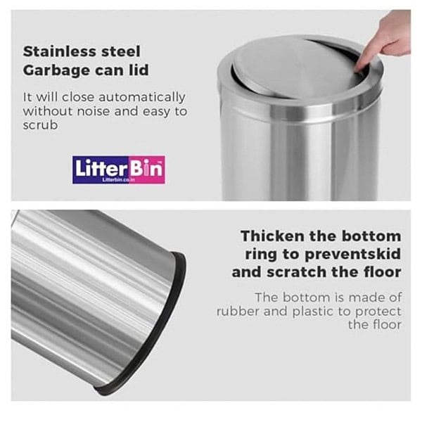 LITTERBIN Stainless Steel Swing Dust Bin with Lid 30 Liter 2 - LXINDIA.COM