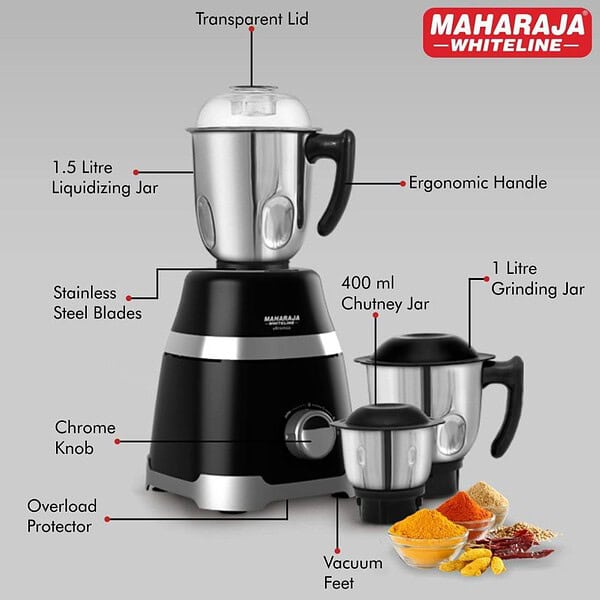 Maharaja Whiteline 1000 W Ultramax HD Mixer Grinder Black with Chrome Finish2 - LXINDIA.COM