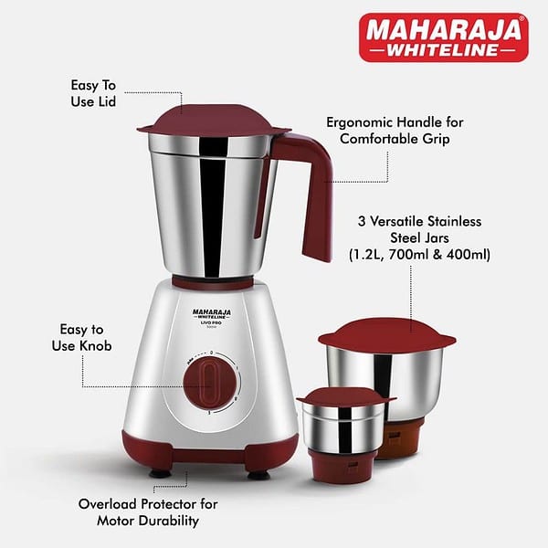 Maharaja Whiteline 500W Livo Pro Mixer Grinder White and Cherry Red1 - LXINDIA.COM