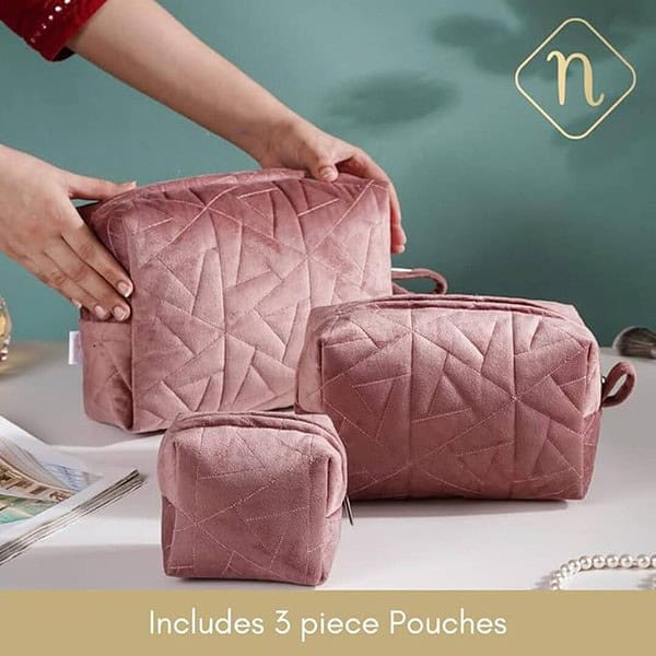 Nestasia Velvet Dusty Pink Quilted Multipurpose Set Of 3 Cosmetic Bags 1 - LXINDIA.COM