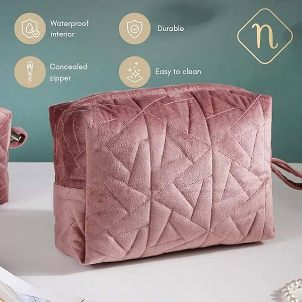 Nestasia Velvet Dusty Pink Quilted Multipurpose Set Of 3 Cosmetic Bags 2 - LXINDIA.COM