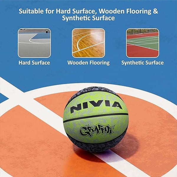 Nivia Graffiti Basketball Rubberized Moulded Panel 8 Black Green 1 - LXINDIA.COM