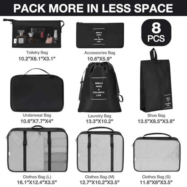 Niwlix Nylon 8 Pcs Travel Organizer Pouch Packing Cubes For Travel Clothes Black 2 - LXINDIA.COM