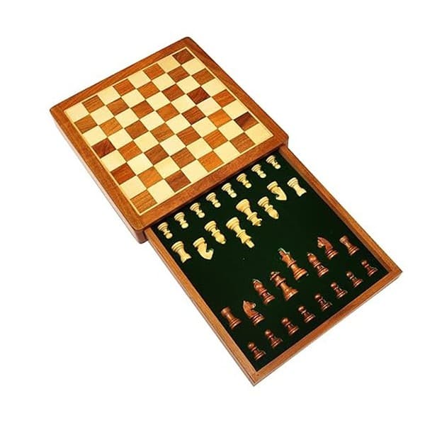 PALM ROYAL HANDICRAFTS 12 Inches Handmade Drawer Wooden Chess Board Set 3 - LXINDIA.COM