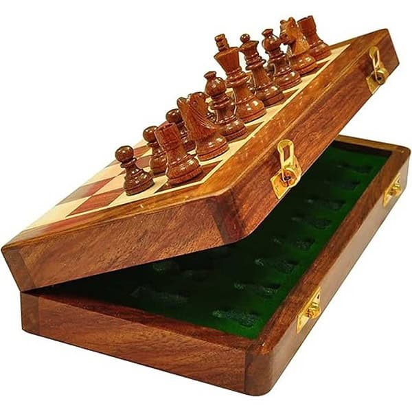 PALM ROYAL HANDICRAFTS Wooden Handmade Foldable Magnetic Chess Board Set 10x10 Inches Brown 2 - LXINDIA.COM