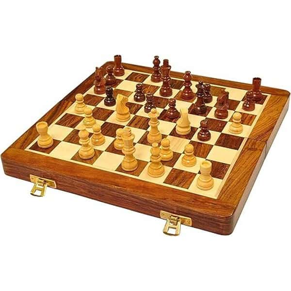 PALM ROYAL HANDICRAFTS Wooden Handmade Foldable Magnetic Chess Board Set 10x10 Inches Brown - LXINDIA.COM