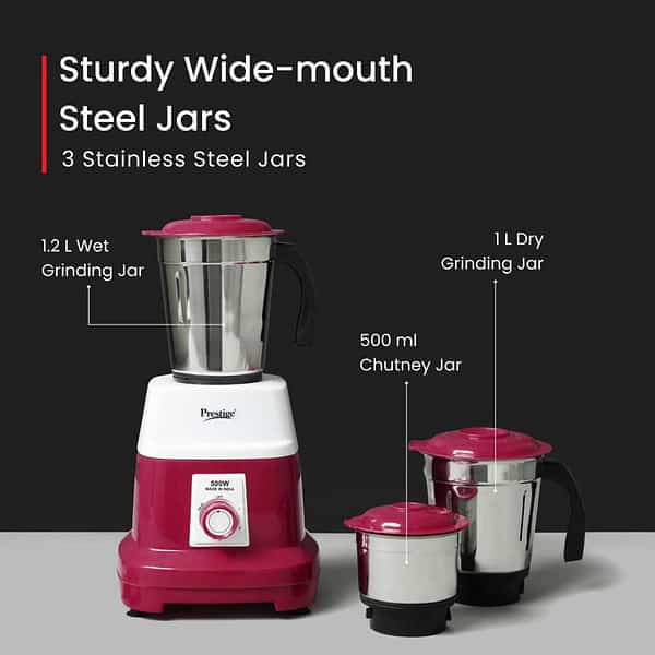 Prestige 500 Watts Orion Mixer Grinder with 3 Stainless Steel Jars Red White2 - LXINDIA.COM