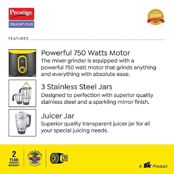 Prestige Delight Plus 750 W Mixer Grinder Black and yellow3 - LXINDIA.COM