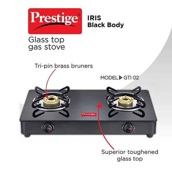 Prestige IRIS Toughened Glass Top 2 Brass Burner LPG Gas Stove2 - LXINDIA.COM