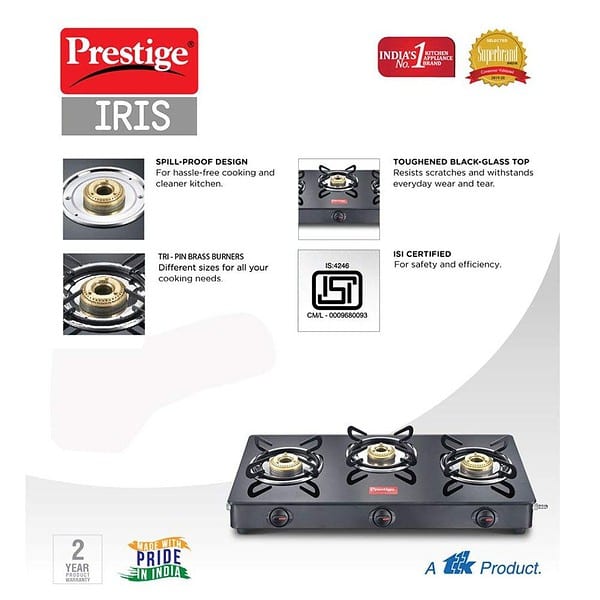 Prestige IRIS Toughened GlassTop 3 Brass Burner LPG Gas Stove1 - LXINDIA.COM