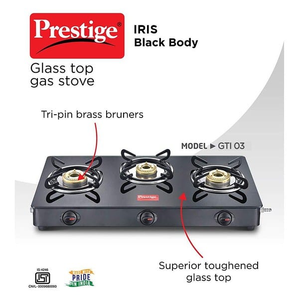 Prestige IRIS Toughened GlassTop 3 Brass Burner LPG Gas Stove2 - LXINDIA.COM