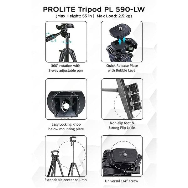 Prolite PL 590 LW Tripod with Mobile Holder and Carry Bag1 - LXINDIA.COM