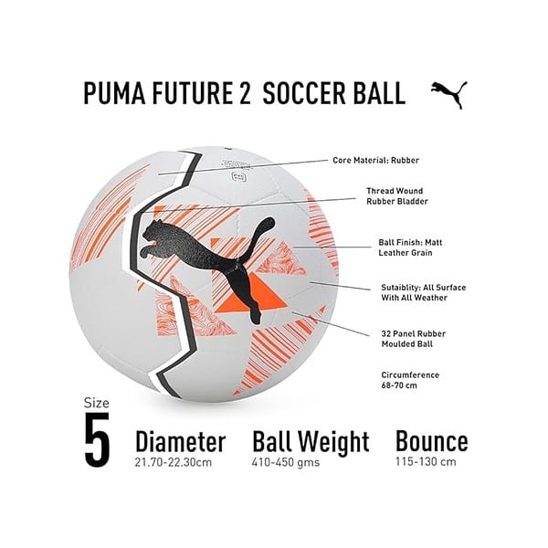 Puma Unisex Adult Future 2 Soccer Ball White Citrus 5 5476006 - LXINDIA.COM