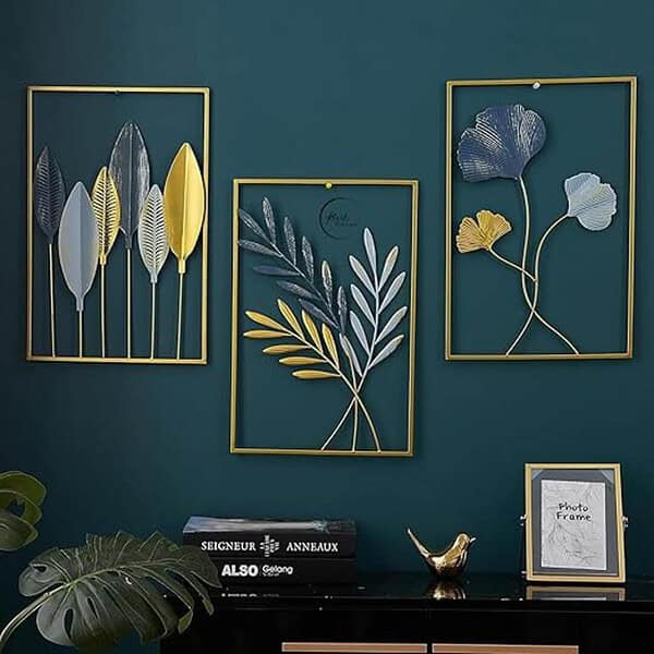 RIZIK STORE Metal Abstract Figure Wall Sculpture wall art for Home Decoration Multi set of 3 Gold Blue 2 - LXINDIA.COM