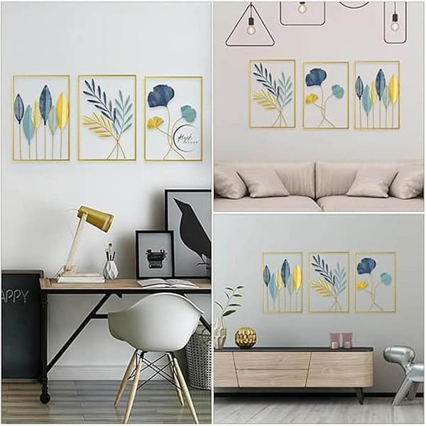 RIZIK STORE Metal Abstract Figure Wall Sculpture wall art for Home Decoration Multi set of 3 Gold Blue 3 - LXINDIA.COM