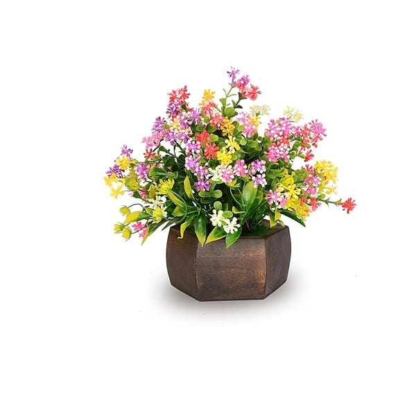 S Biv Artificial Flowers for Decoration with Wood Hexagon Pot - LXINDIA.COM