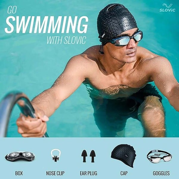 SLOVIC Black Swimming Goggles Black Embossed Swimming Caps 1 - LXINDIA.COM