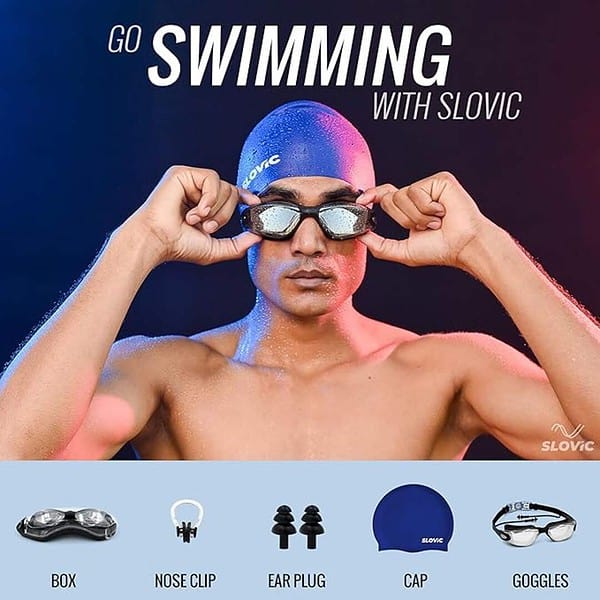 SLOVIC Black Swimming Goggles Blue Swimming Caps Anti Fog Glasses Swimming Kit 2 - LXINDIA.COM